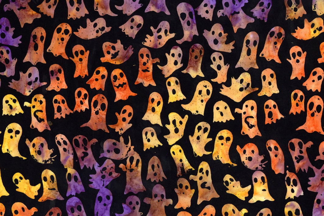 Pattern of colorful ghosts on a black background
