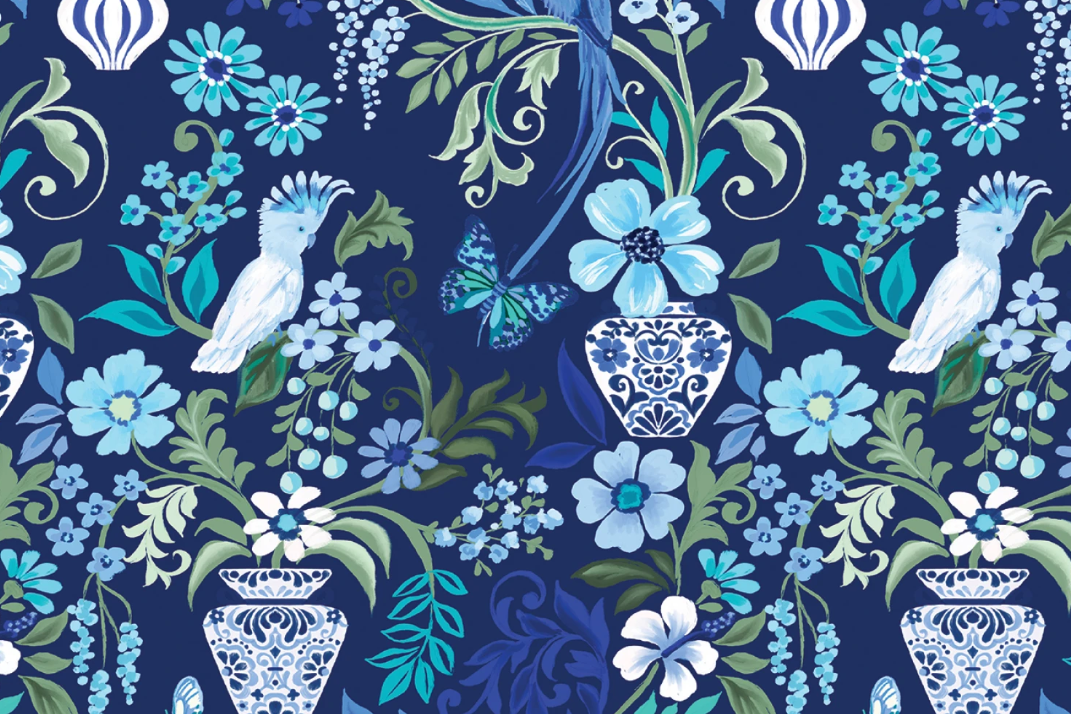 Pattern of flowers, leaves, and decorative vases on a blue background