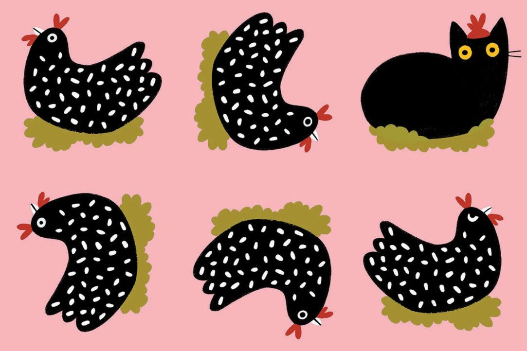 A repeating pattern illustration featuring nine cartoon chickens in black with white speckles, red combs/wattle, and olive-green feet, arranged on a light pink background. The top right is a black cat pretending to be a chicken.