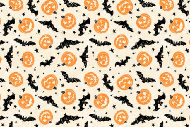 Halloween-themed pattern with pumpkins, bats, and stars on a beige background