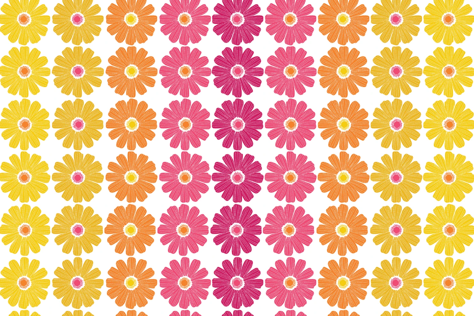 Pattern of colorful flowers in pink, yellow, and orange on a white background