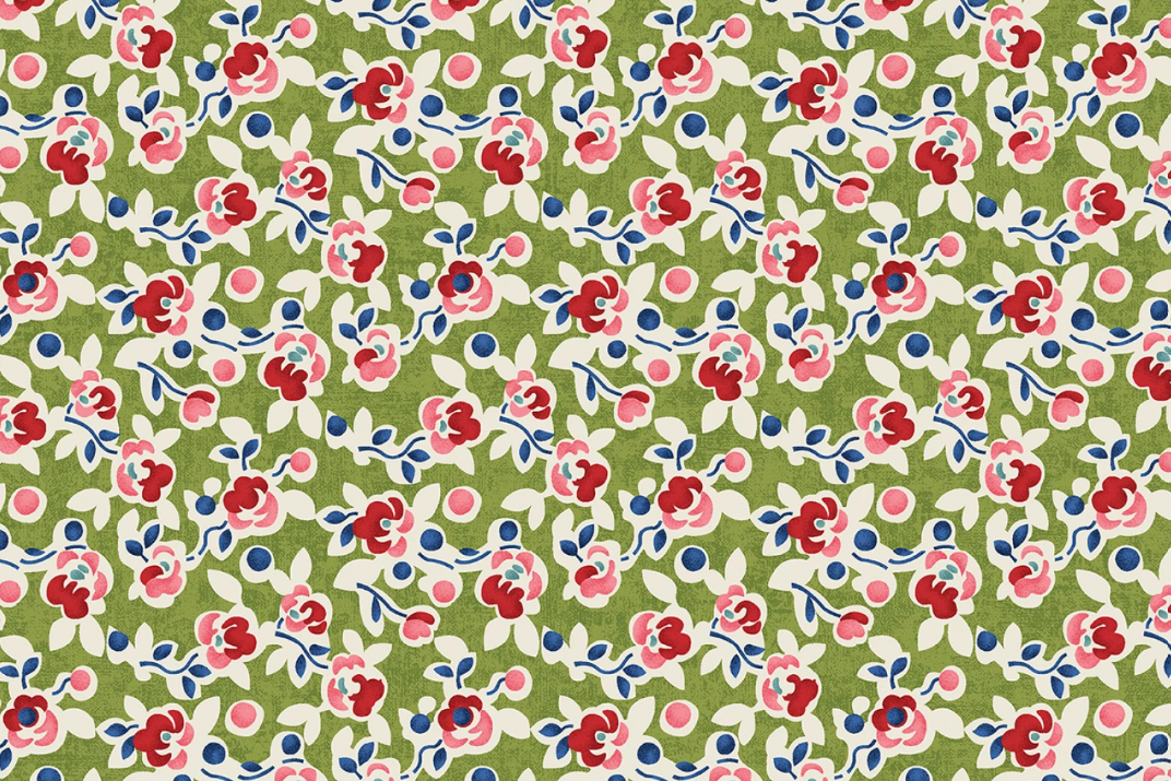 A repeating floral pattern on an olive green background, featuring small pink and red flowers with cream petals, blue leaves, and blue berries.