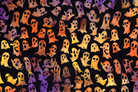 Pattern of colorful ghosts on a black background