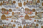 A close-up of a fabric pattern featuring a repeating western-style landscape print with yellow and red houses, brown trees, fences, and a red pickup truck on a white background.
