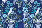 Pattern of flowers, leaves, and decorative vases on a blue background