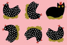 A repeating pattern illustration featuring nine cartoon chickens in black with white speckles, red combs/wattle, and olive-green feet, arranged on a light pink background. The top right is a black cat pretending to be a chicken.