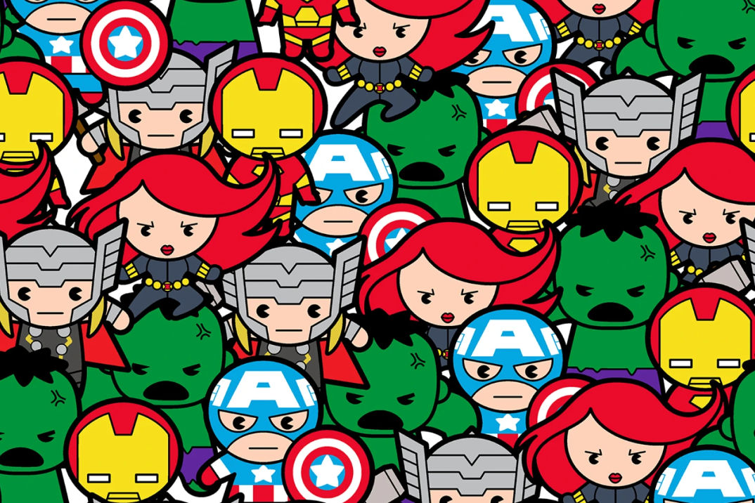A dense cartoon pattern of Marvel superheroes and villains in chibi style, including Captain America, Iron Man, Thor, Hulk, and Black Widow, filling the frame on a white background.