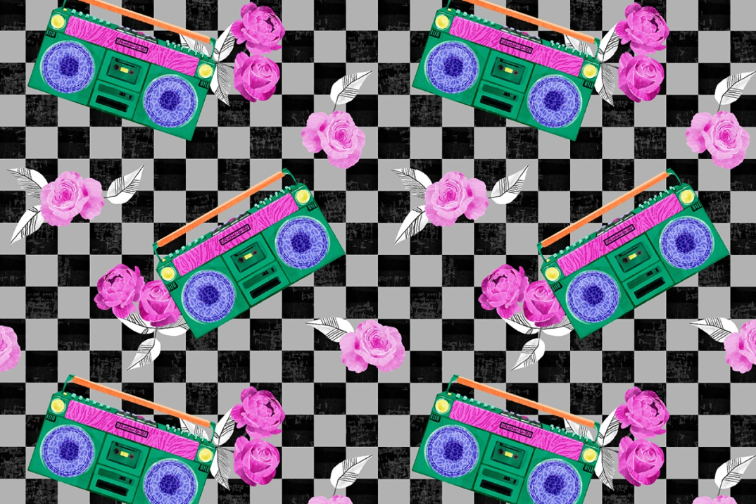Pattern of green boomboxes with pink roses on a black and white checkered background