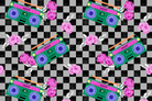 Pattern of green boomboxes with pink roses on a black and white checkered background