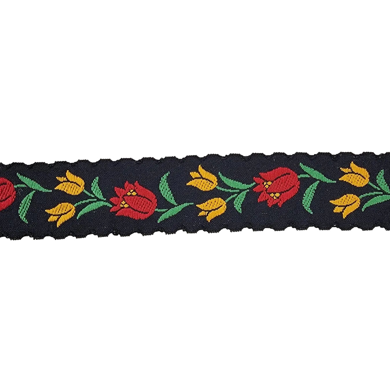 Embroidered ribbon with red and yellow flowers on a black background