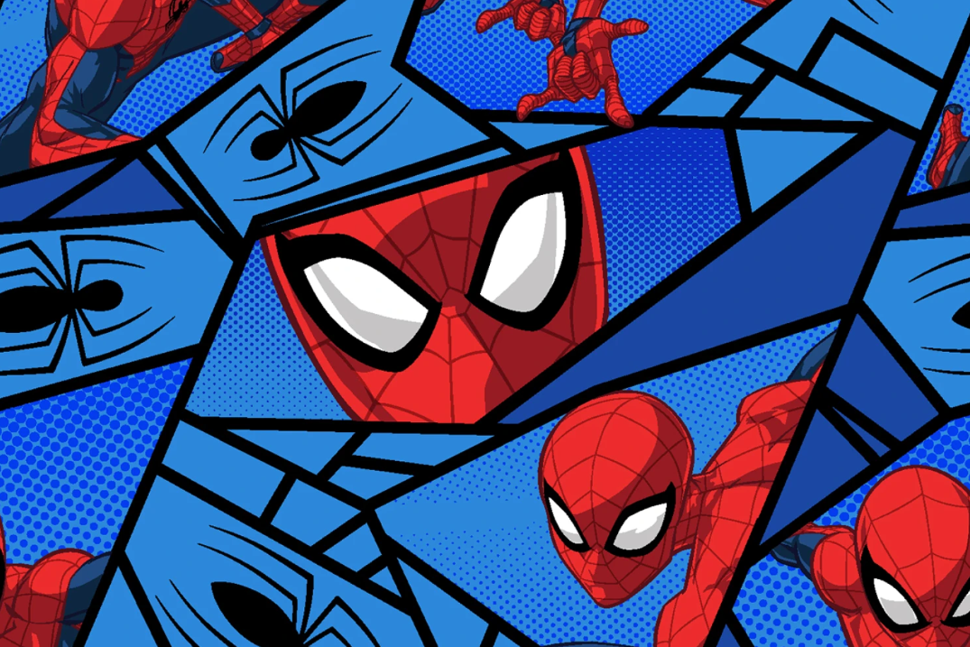 A repeating comic-style pattern of Spider-Man in red and blue, with black spider silhouettes and bold black line art on a blue halftone background.