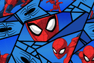 A repeating comic-style pattern of Spider-Man in red and blue, with black spider silhouettes and bold black line art on a blue halftone background.