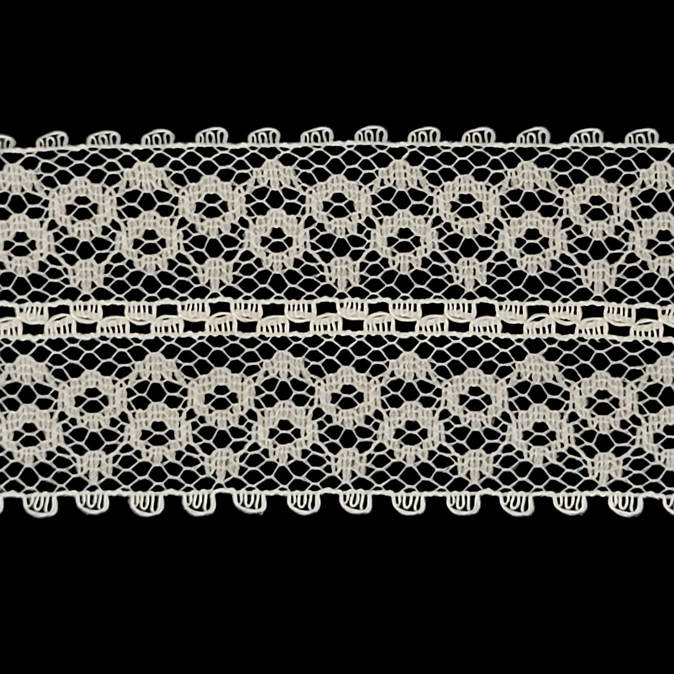 Close-up of lace trim on a dark fabric background