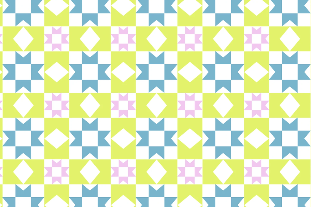 Colorful geometric pattern with stars and squares on a green background