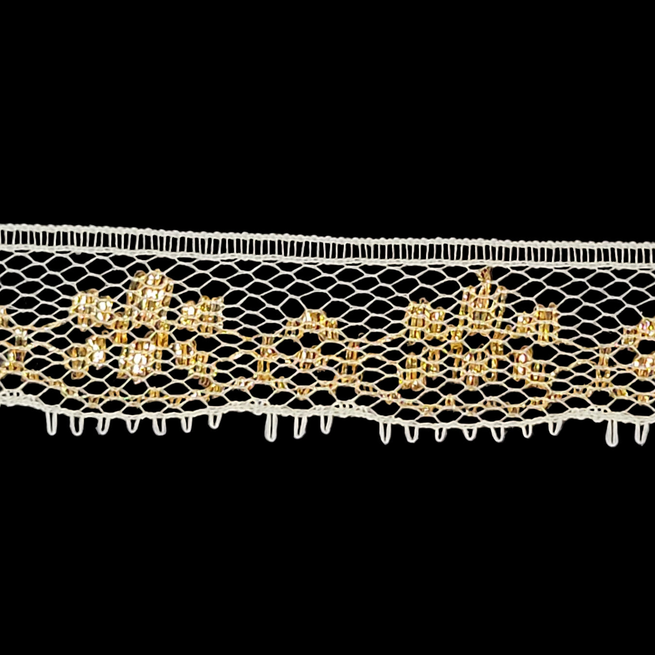 Close-up of lace trim with gold pattern on a dark fabric background