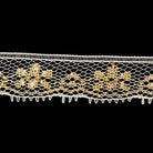 Close-up of lace trim with gold pattern on a dark fabric background