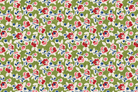 A repeating floral pattern on an olive green background, featuring small pink and red flowers with cream petals, blue leaves, and blue berries.